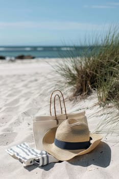 Close-up of a summer beach bag and hat on a sandy beach.