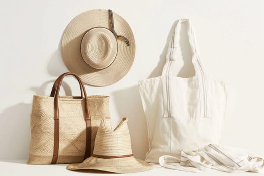 Close-up of a summer beach bag and hat on a sandy beach.