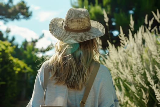 A girl with a handbag on her shoulder and a hat strolls along the beach.