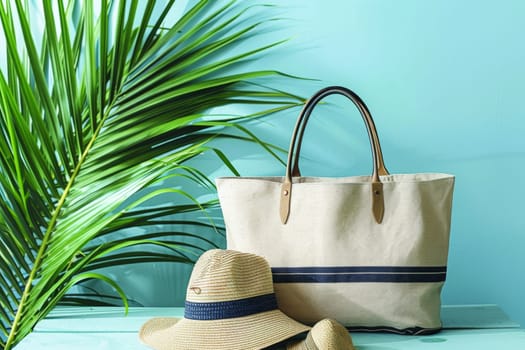 Close-up of a summer beach bag and hat on a sandy beach.