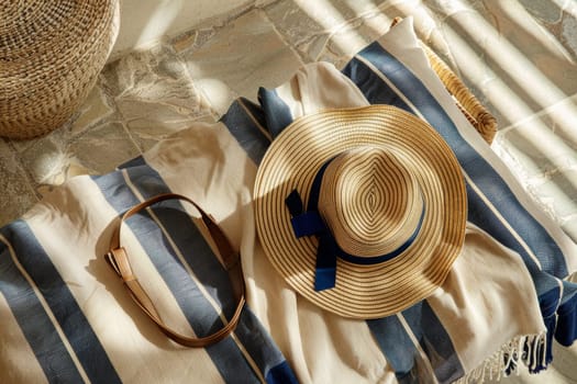 Close-up of a summer beach bag and hat on a sandy beach.
