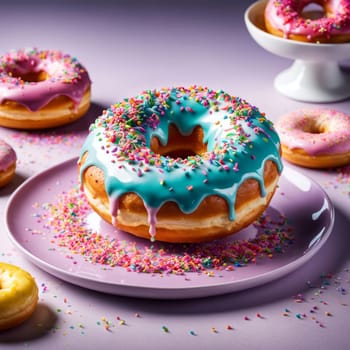 Variety of vibrant glazed donuts displayed on soft pink background, enticing with their colorful toppings, delicious allure. For cafe, pastry shop website, dessert advertisements, restaurant menu