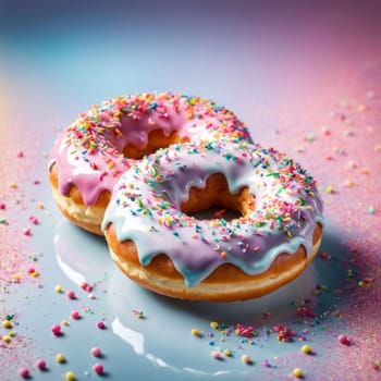 Variety of vibrant glazed donuts displayed on soft pink background, enticing with their colorful toppings, delicious allure. For cafe, pastry shop website, dessert advertisements, restaurant menu