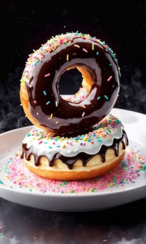 Variety of vibrant glazed donuts displayed on soft pink background, enticing with their colorful toppings, delicious allure. For cafe, pastry shop website, dessert advertisements, restaurant menu