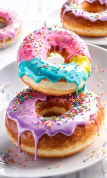 Variety of vibrant glazed donuts displayed on soft pink background, enticing with their colorful toppings, delicious allure. For cafe, pastry shop website, dessert advertisements, restaurant menu