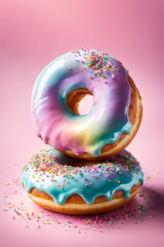 Variety of vibrant glazed donuts displayed on soft pink background, enticing with their colorful toppings, delicious allure. For cafe, pastry shop website, dessert advertisements, restaurant menu