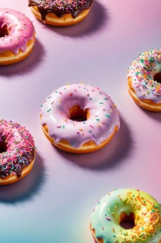 Variety of vibrant glazed donuts displayed on soft pink background, enticing with their colorful toppings, delicious allure. For cafe, pastry shop website, dessert advertisements, restaurant menu