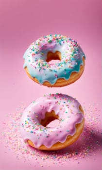 Variety of vibrant glazed donuts displayed on soft pink background, enticing with their colorful toppings, delicious allure. For cafe, pastry shop website, dessert advertisements, restaurant menu