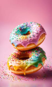 Variety of vibrant glazed donuts displayed on soft pink background, enticing with their colorful toppings, delicious allure. For cafe, pastry shop website, dessert advertisements, restaurant menu