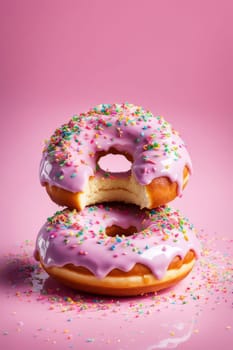 Variety of vibrant glazed donuts displayed on soft pink background, enticing with their colorful toppings, delicious allure. For cafe, pastry shop website, dessert advertisements, restaurant menu