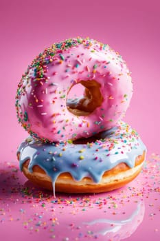 Variety of vibrant glazed donuts displayed on soft pink background, enticing with their colorful toppings, delicious allure. For cafe, pastry shop website, dessert advertisements, restaurant menu