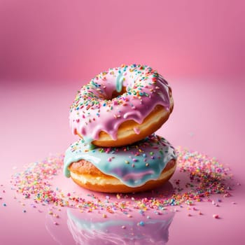 Vibrant assortment of colorful donuts stacked on plate, tempting, delicious treats. For advertise cafe, pastry shop, bakery, to promote sweets on social media, advertising campaigns, banner, menu