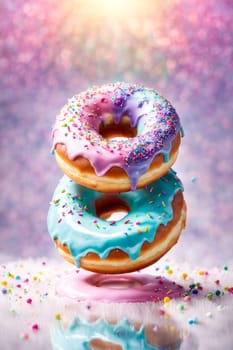 Vibrant assortment of colorful donuts stacked on plate, tempting, delicious treats. For advertise cafe, pastry shop, bakery, to promote sweets on social media, advertising campaigns, banner, menu
