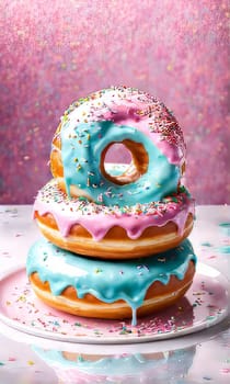 Vibrant assortment of colorful donuts stacked on plate, tempting, delicious treats. For advertise cafe, pastry shop, bakery, to promote sweets on social media, advertising campaigns, banner, menu