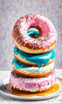 Vibrant assortment of colorful donuts stacked on plate, tempting, delicious treats. For advertise cafe, pastry shop, bakery, to promote sweets on social media, advertising campaigns, banner, menu
