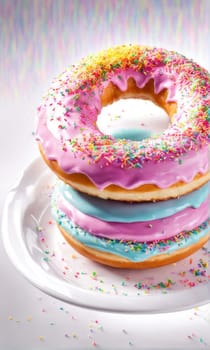 Vibrant assortment of colorful donuts stacked on plate, tempting, delicious treats. For advertise cafe, pastry shop, bakery, to promote sweets on social media, advertising campaigns, banner, menu