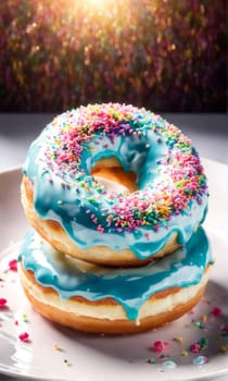 Vibrant assortment of colorful donuts stacked on plate, tempting, delicious treats. For advertise cafe, pastry shop, bakery, to promote sweets on social media, advertising campaigns, banner, menu