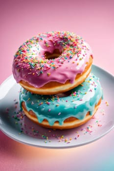 Vibrant assortment of colorful donuts stacked on plate, tempting, delicious treats. For advertise cafe, pastry shop, bakery, to promote sweets on social media, advertising campaigns, banner, menu
