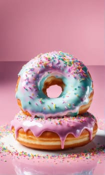 Vibrant assortment of colorful donuts stacked on plate, tempting, delicious treats. For advertise cafe, pastry shop, bakery, to promote sweets on social media, advertising campaigns, banner, menu