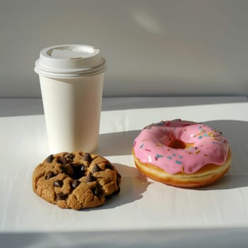 A cardboard coffee cup and two donuts are on the table.