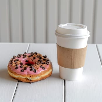 There is a cardboard coffee cup and one donut on the table.