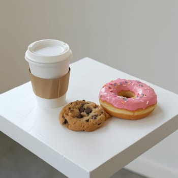 A cardboard coffee cup and two donuts are on the table.