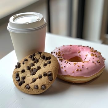 A cardboard coffee cup and two donuts are on the table.