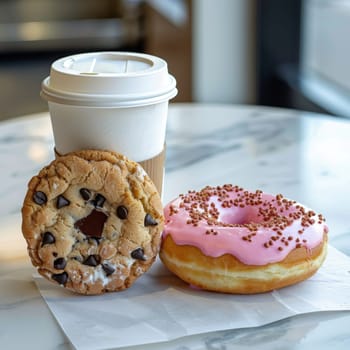 A cardboard coffee cup and two donuts are on the table.