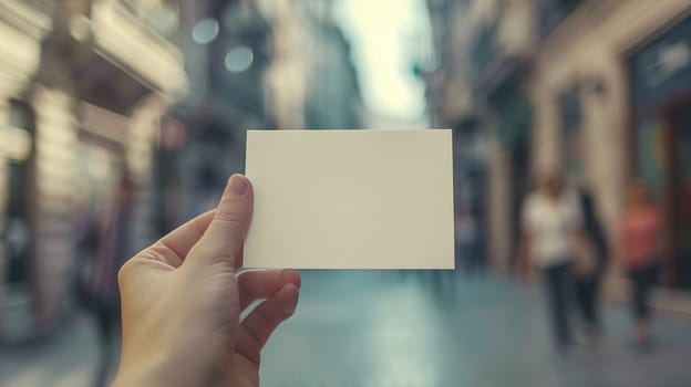 A hand, holding a blank white card with a blurred background of a bustling urban street, where people are casually walking and shops line the sidewalk, captured in daylight - Generative AI