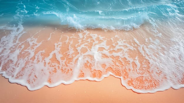 The soft, warm glow of sunset illuminates a tranquil beach scene where gentle waves create frothy patterns as they wash ashore on smooth sand - Generative AI