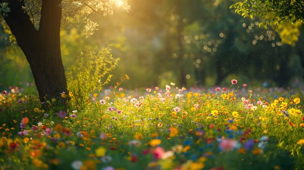 Sunlight filters through the trees, casting a warm glow over a meadow speckled with colorful wildflowers, capturing the essence of a tranquil spring evening - Generative AI