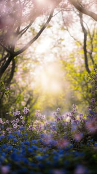 A photo capturing the rays of the sun shining through a dense forest, illuminating the trees and flowers below.