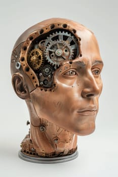 A human head with a toothed clockwork mechanism. The concept of thinking, decision-making.