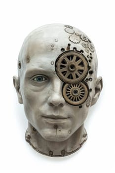A human head with a toothed clockwork mechanism. The concept of thinking, decision-making.