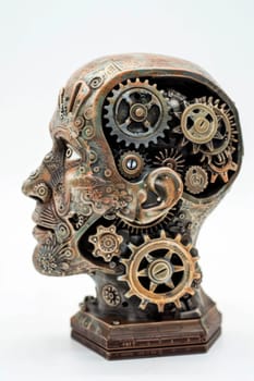 A human head with a toothed clockwork mechanism. The concept of thinking, decision-making.