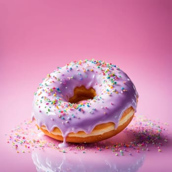 Delicious purple donut topped with colorful sprinkles on vibrant pink background. For advertise cafe, pastry shop, bakery, promote sweets, baked goods on social networks, on website, in menu, banner