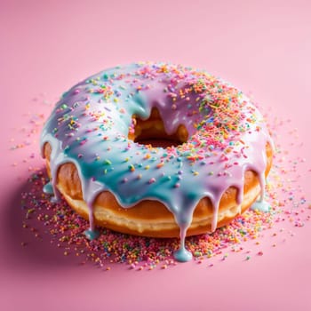 Colorful donut covered in sprinkles, set against vibrant pink background. For bakery website, dessert advertisements, cafe, restaurant menu, on food blog, social media, culinary book, magazine. banner
