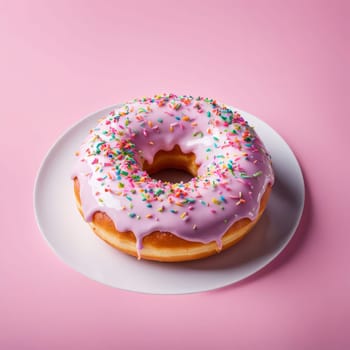 Mouthwatering donut with shiny glaze adorned with variety of vibrant sprinkles on pristine white ceramic plate.For advertise cafe, pastry shop, bakery, to promote sweets, baked goods on social network