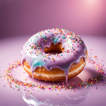 Appetizing donut adorned with variety of colorful sprinkles, on serene pink backdrop, enticing with its tempting appearance. For advertising campaigns, menus, social media platforms, culinary book