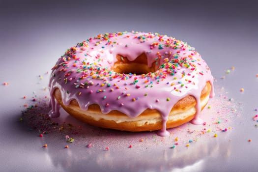 Appetizing donut adorned with variety of colorful sprinkles, on serene pink backdrop, enticing with its tempting appearance. For advertising campaigns, menus, social media platforms, culinary book
