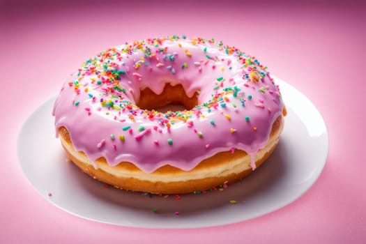 Delicious glazed donut topped with colorful sprinkles on white plate. For advertise cafe, bakery, confectionery, promote sweets, desserts on social network, on restaurant menu, on website, banner