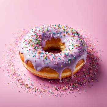 Colorful donut covered in sprinkles, set against vibrant pink background. For bakery website, dessert advertisements, cafe, restaurant menu, on food blog, social media, culinary book, magazine. banner