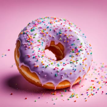 Delicious purple donut topped with colorful sprinkles on vibrant pink background. For advertise cafe, pastry shop, bakery, promote sweets, baked goods on social networks, on website, in menu, banner