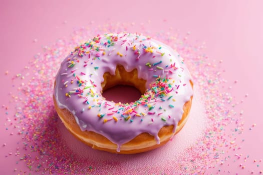 Appetizing donut adorned with variety of colorful sprinkles, on serene pink backdrop, enticing with its tempting appearance. For advertising campaigns, menus, social media platforms, culinary book