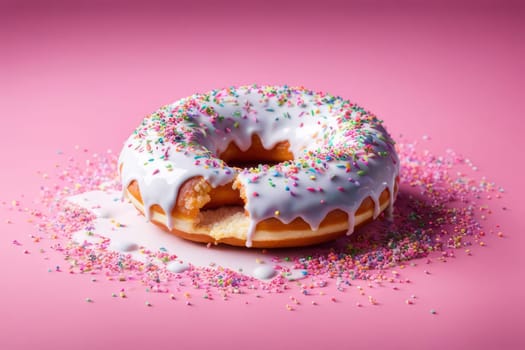 Colorful donut covered in sprinkles, set against vibrant pink background. For bakery website, dessert advertisements, cafe, restaurant menu, on food blog, social media, culinary book, magazine. banner
