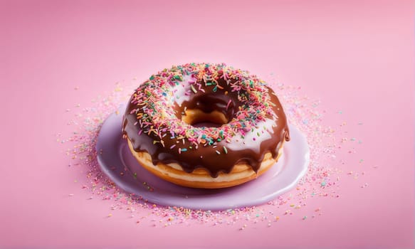 Delicious donut topped with rich chocolate glaze, colorful sprinkles on plate. For promote baked good, confectionery product, cafe, bakery, restaurant, create advertising, menu