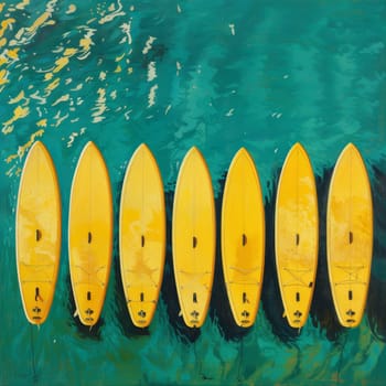 A set of yellow surfboards on a blue sea background.