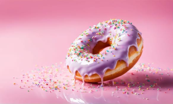 Appetizing donut adorned with variety of colorful sprinkles, on serene pink backdrop, enticing with its tempting appearance. For advertising campaigns, menus, social media platforms, culinary book