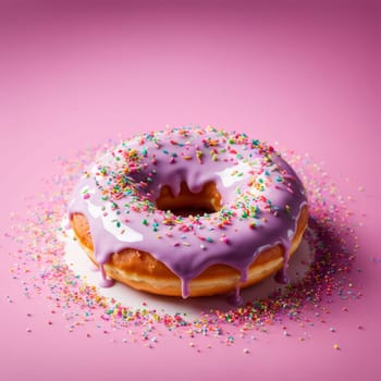 Appetizing donut adorned with variety of colorful sprinkles, on serene pink backdrop, enticing with its tempting appearance. For advertising campaigns, menus, social media platforms, culinary book