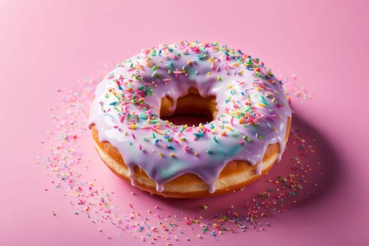 Appetizing donut adorned with variety of colorful sprinkles, on serene pink backdrop, enticing with its tempting appearance. For advertising campaigns, menus, social media platforms, culinary book